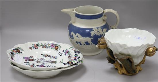 Two Spode entree dishes, a Moores bowl and stoneware jug